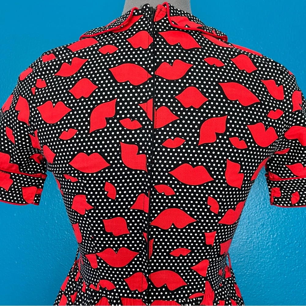 Retrolicious Retro Lips Fit & Flare Dress in Red & Black Polka Dot w/ Collar - Picture 9 of 15
